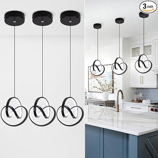 Modern LED Pendant Light Fixtures 5500K Pendant Lights Kitchen Island Lighting Adjustable Height Black Hanging Lamp for Dining Room Bedroom Living Room,3 Packs