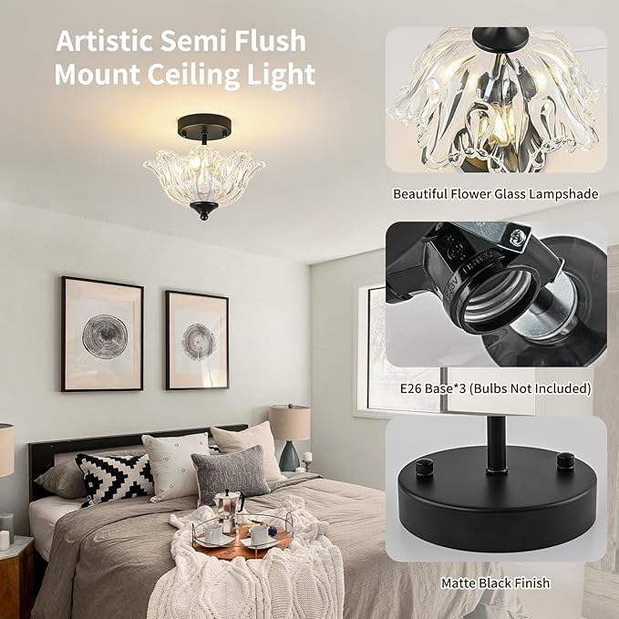 Semi Flush Mount Ceiling Light, Black Light fixtures with Floral Clear Glass Shade, Modern Close-to-Ceiling Lighting for Bedroom Kitchen Living Room Hallway
