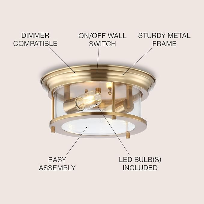JONATHAN Y 13.25" Brass Gold 2-Light LED Flush Mount Ceiling Light Fixture, Modern Clear Glass Drum Shade, Industrial Farmhouse Lighting for Kitchen Hallway Bedroom JYL7446A