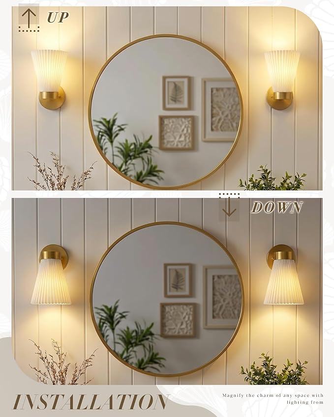 Fabric Bathroom Light Fixture, HWH 1-Light Sconce Wall Lighting with Milk White Striped Fabric Shade, Brushed Gold Finish, Modern Vanity Lights for Bathroom Bedroom, 5HZG97B BG-FB