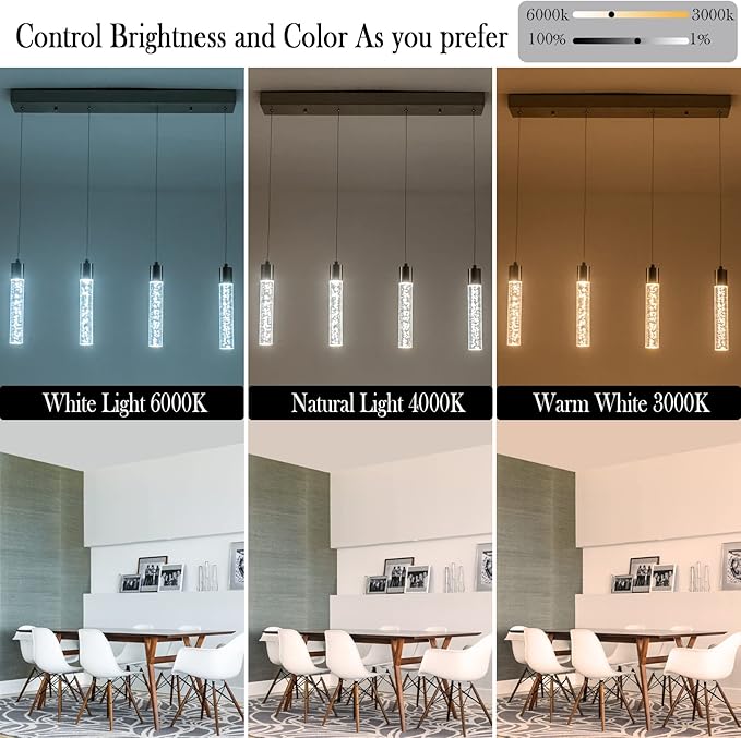 Pendant Light Kitchen Island with Remote Control & Dimmable, Modern Brushed Nickel Pendant Light Fixture for Dining Room 3000K/4000K/6000K