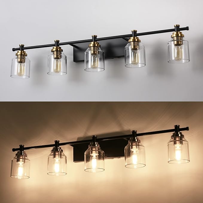 SOLFART 5-Light Bathroom Light Fixtures Over Mirror Bath Vanity Lights Black Brass Finished Lighting Vintage Globe Lights