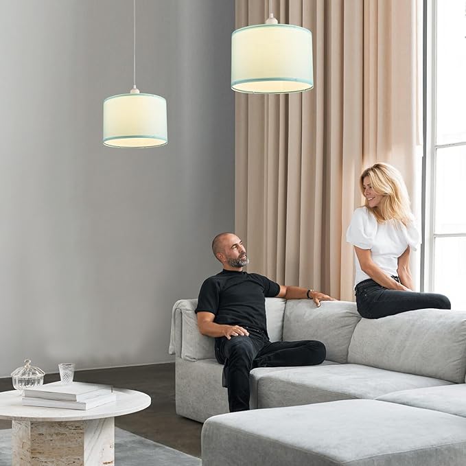 2 Pack Plug in Pendant Light, Hanging Light with 15Ft Clear Cord, On/Off Switch, Blue Fabric Lamp Shade, Hanging Light Fixture for Bedroom, Kitchen, Living Room, Dining Table