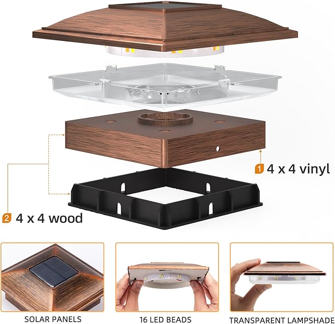 APONUO 12 Pack Solar Fence Post Lights, 2 Modes(Warm/Cool Light) Outdoor Waterproof 4x4 Post Solar Lights, Solar Powered Garden, Patio, Deck Decor for 4x4 Wood & Vinyl Posts, Brushed Copper