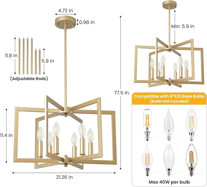 21in Gold Chandelier for Dining Room, 6-Light Modern Farmhouse Chandelier Semi Flush Mount Pendant Lighting Hanging Ceiling Lights Fixture for Foyer Entryway Hallway Kitchen Island (Gold)