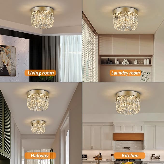 Deckrico Modern Crystal Chandelier Flush Mount Ceiling Light, 11.8" Gold LED Lighting Fixture for Bedroom Hallway Entryway Foyer