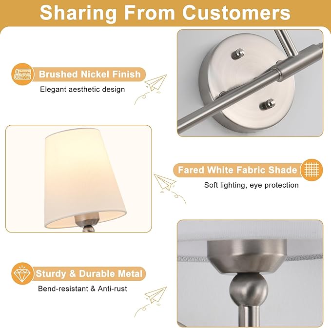 Bathroom Light Fixtures, 3-Light Brushed Nickel Vanity Lights, 24.5" Bathroom Lighting Fixtures Over Mirror with White Fabric Shade, Modern Wall Sconces for Bedroom Living Room Hallway