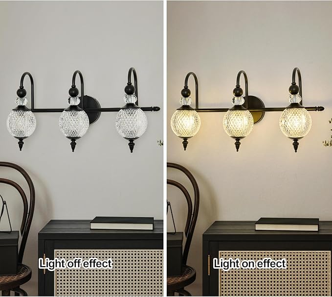 Vintage Vanity Light 3 Lights Black Bathroom Light Fixtures Over Mirror with Acrylic Globe Shade