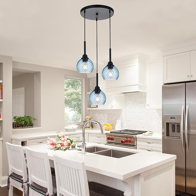 3 Light Pendant Lighting with Striped Swirl Globe Glass Blue Cluster Pendant Light for Kitchen Island, Modern Dining Room Light Fixtures Over Table Hanging Ceiling Light, E26 Base