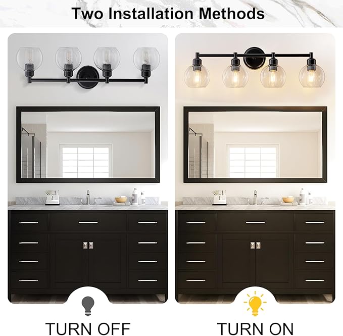 Bathroom Light Fixtures,4-Light Modern Bathroom Vanity Light,Black Wall Sconce with Clear Glass Globe Shades,Adjustable Brightness Wall Lights for Kitchen,Bedroom,Hallway,Living Room
