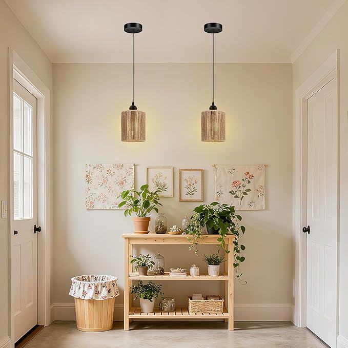BoostArea Rattan Pendant Lights Kitchen Island, Farmhouse Chandelier with Handwoven Wicker Shade, Adjustable Height Boho Hanging Light for Kitchen Island/Dining Room/Bedroom/Hallway, 1 Pack, No Bulb