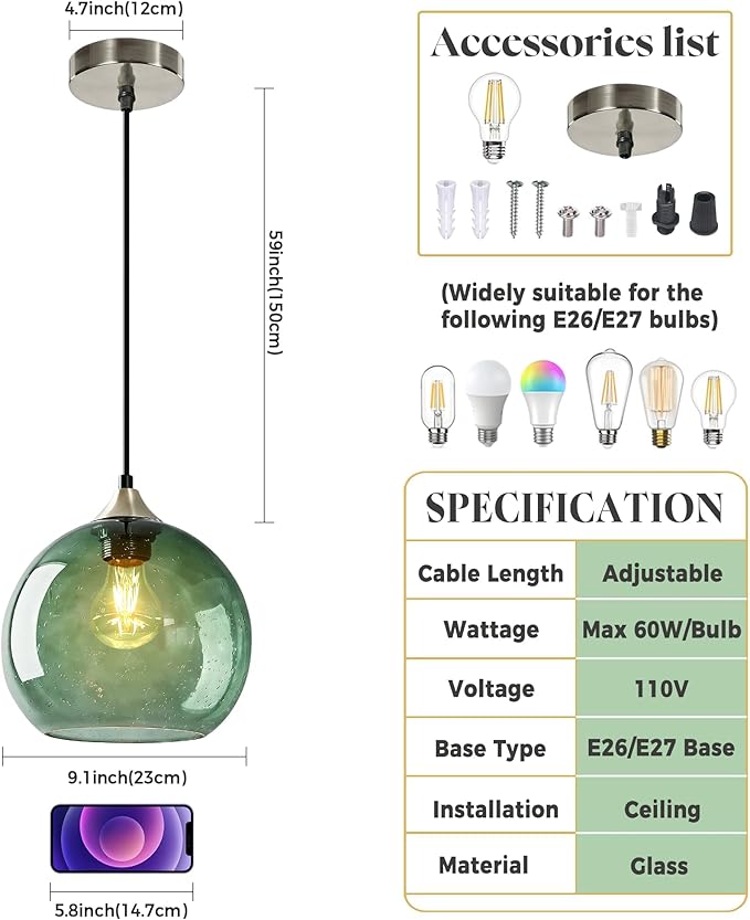 9.1in Large Green Glass Pendant Light for Kitchen Island, 3-Pack with Extra LED Bulbs & 4.92ft Adjustable Cord | Modern Minimalist Lighting for Dining Room, Living Room, Entryway