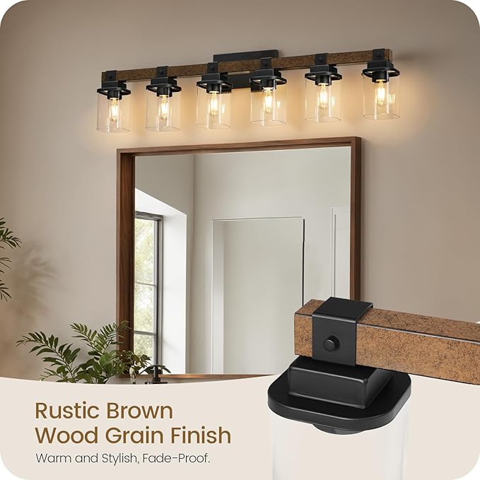 6-Light Bathroom Light Fixtures, Farmhouse Vanity Lights for Bathroom with Glass Square Shade, Rustic Vanity Lights, Sconce Wall Light, E26 Base (Bulbs Not Included), ETL Listed FS12BD05