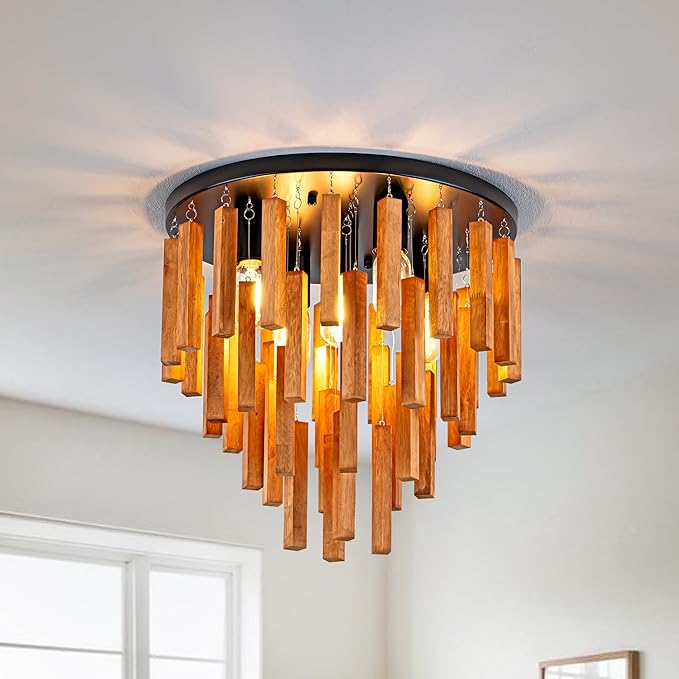 16.6" Farmhouse Ceiling Light, 5-Light Wood Chandelier, Rustic Light Fixture with Wood and Black Metal Finish, Farmhouse Semi Flush Chandelier for Bedroom, Hallway, Entryway, Kitchen