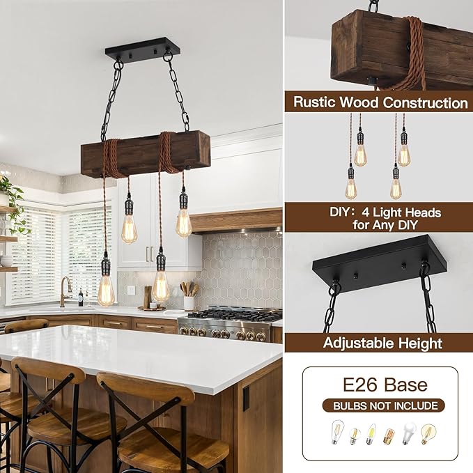 KEESFU 4-Lights Farmhouse Pendant Lights Kitchen Island, Rustic Wooden Ceiling Hanging Light, Height Adjustable, Dining Room Chandelier for Kitchen Island Dining Room Bar Pool Table Cabin.