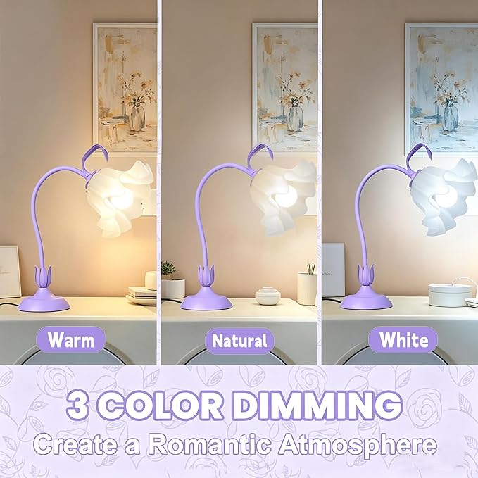 Flower Desk Lamp, LED Reading Light Flower Table Lamp, 3 Colors Flower Lamp for Girls Bedroom, Adjustable Flexible Nightstand Lamps, Bedside Table Lamp for Bedroom, Living Room, Home Decor (Purple)
