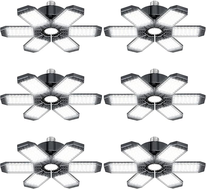 Garage Lights 6 Pack - 200W 20000LM Garage Lights Ceiling LED 6500K, Screw in Shop Lighting with 6+1 Adjustable Panels for E26/E27 Bulb Socket, for Workshop Basement Barn