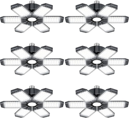 Garage Lights 6 Pack - 200W 20000LM Garage Lights Ceiling LED 6500K, Screw in Shop Lighting with 6+1 Adjustable Panels for E26/E27 Bulb Socket, for Workshop Basement Barn