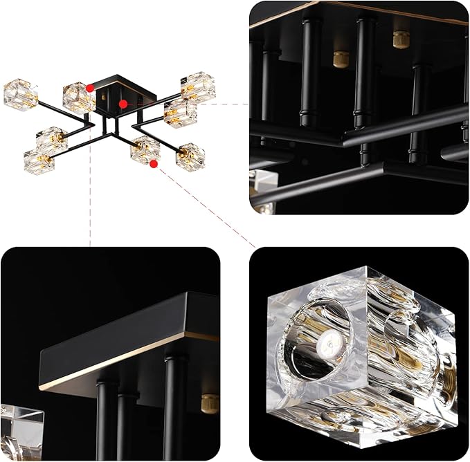8-Lights Semi Flush Mount Ceiling Light Fixture,Black and Gold Modern Crystal Chandeliers,Farmhouse Lighting Fixtures for Dining Room Living Room Kitchen Bedroom Entryway