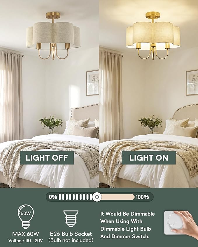 Gold Semi Flush Mount Ceiling Light, 18" 4-Light Light Fixtures Ceiling Mount with Brown Linen Petal Shade for Kitchen Nursery Entryway Hallway Bedroom, E26 Base, SM179-BG-L-6