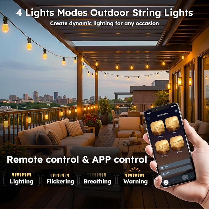 GvvooHome 150FT Outdoor String Light with S11 Plastic Bulbs, Low-Voltage LED Patio Light with App & Remote, Music Sync, 4 Lighting Modes, Dimmable & Waterproof for Backyard, Porch, Garden, Deck, Party