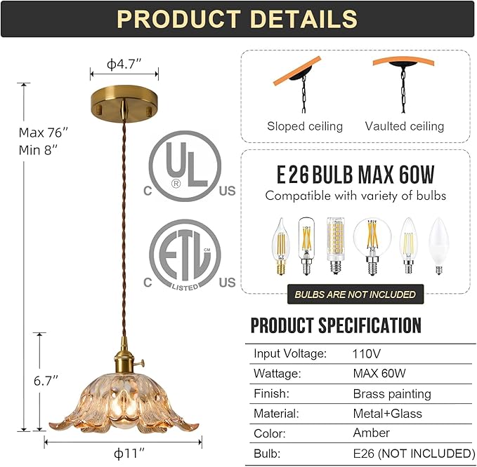 2 Pcs/Package Amber Glass Pendant Light Fixtures,Vintage/Antique Champagne Gold Pendant Lights Kitchen Island over Sink/Table,Orange Pendant Glass Chandelier for Bedroom Hotel Dining Room Hanging Down