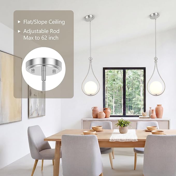 Brushed Nickel Pendant Lights with Milky White Globe Glass Pendant Lights Kitchen Island Adjustable Mid Century Hanging Pendant Light Fixtures for Kitchen Dining Room Entryway, 1 Pack