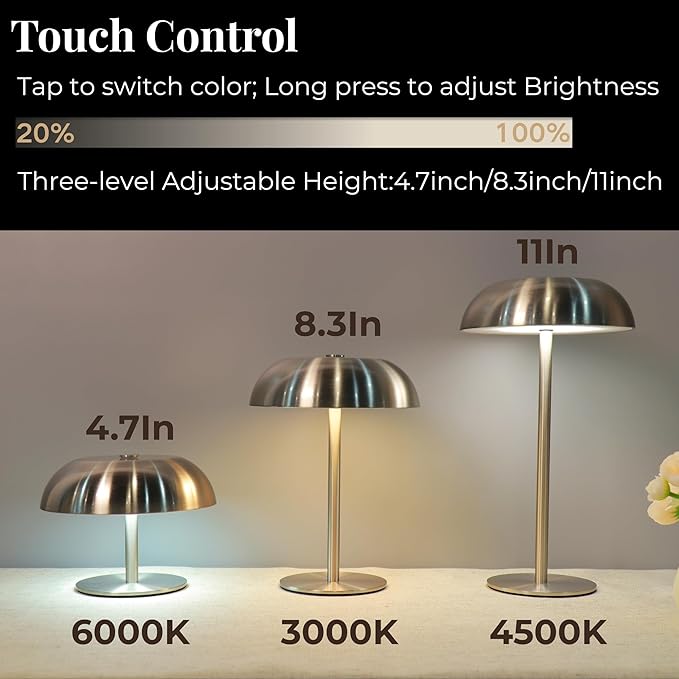 Portable Mushroom Table Lamp with 5200mAh Battery, 11'' Cordless LED Night Light with Stepless Dimming, 3 Color Modes & Adjustable Height for Bedroom/Patio/Bar Decor/Coffee Shop Ambiance (Silver-tall)
