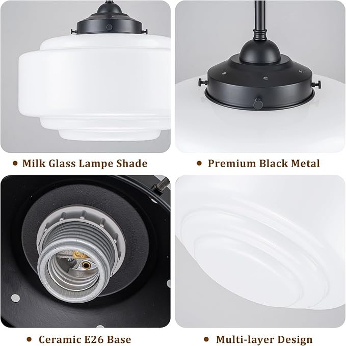 Schoolhouse Pendant Light, 14" Mid Century Pendant Lighting Fixture Vintage Milk Glass Chandelier with Black Metal for Dining Room Kitchen Island Bedroom Hallway, Adjustable Height (E26)