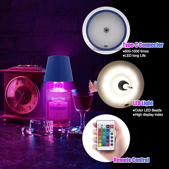 Wireless Bottle Lamp with Remote Control, Rechargeable RGB Wine Bottle with 3Modes Light Dimming, Waterproof Touch Lamp Head for Room, Bar, Restaurant and Party Decorations(Blue RGB)