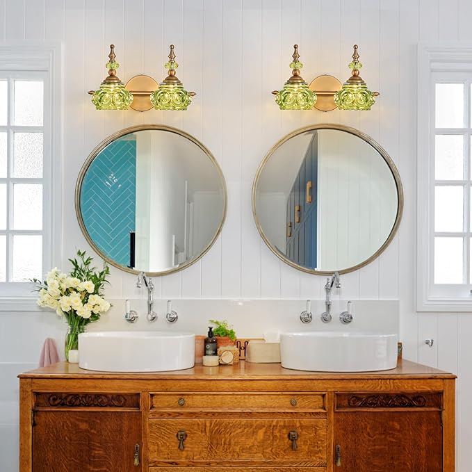 Green 2-Light Vintage Vanity Light Fixtures with Crystal Glass Shade, Rust-Proof and Durable Bathroom Lighting Wall Sconce for Bathroom Bedroom Living Room Hallway