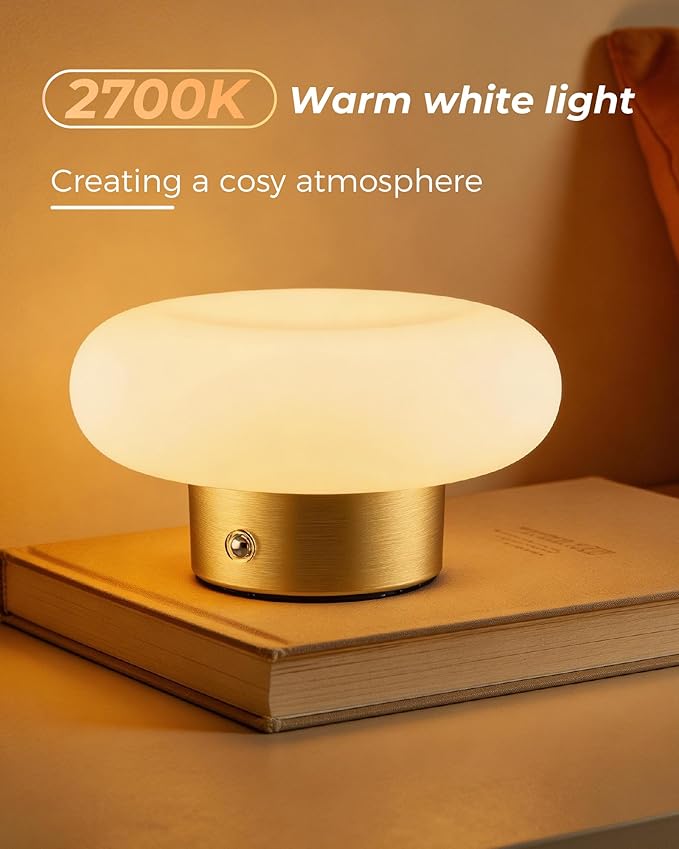 Cordless Table Lamp, Gold Rechargeable Battery Operated Lamp, Stepless Dimming Touch Lamp with Glass Lampshade for Bedroom, Living Room, Dining Table, Nightstand