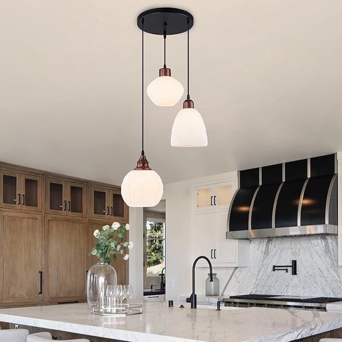 Cluster Pendant Lights with for Kitchen Island 3-Light Pendant Light Fixtures with 3D Printed Ribbed Shade, Kitchen Island Lighting Adjustable Pendant Light for Dining Room, Kitchen
