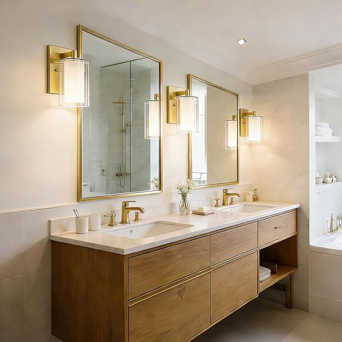 Kalium Wall Sconces Set of Two for Bathroom Bedroom Living Room Hallway Indoor Stairwell & Mirror, Farmhouse Modern Vanity Light Fixtures with Double Glass Shade & Gold Rustproof Metal Base, E26