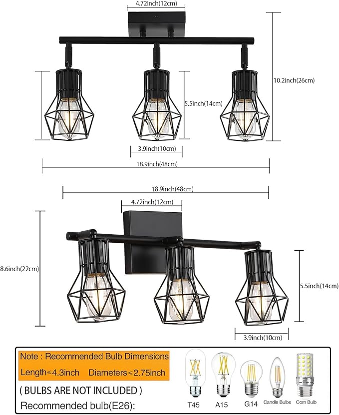 3 Light Track Lighting Fixtures Ceiling，Black Flush Mount Ceiling Light with E26 Lamp Head, Industrial Black Kitchen Track Lighting for Kitchen, Living Room, Dining Room, Hallway