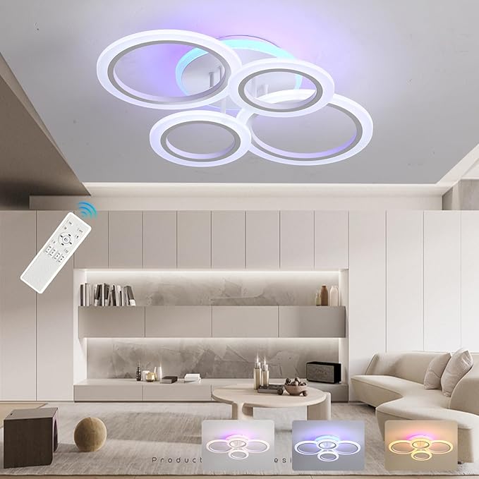 Modern Flush Mount Ceiling Light, Dimmable 4 Rings Kitchen Light Fixture for Living Room, Bedroom, Laundry Room, 3000-6000K, White