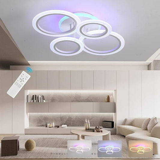 Modern Flush Mount Ceiling Light, Dimmable 4 Rings Kitchen Light Fixture for Living Room, Bedroom, Laundry Room, 3000-6000K, White