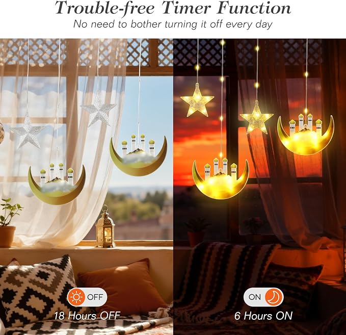 Lewondr Ramadan Curtain String Lights, 138 LED Moon Castle Star Fairy Lights with 6H Timer, 8 Modes, Remote Control, USB Powered Curtain String Light, Eid Mubarak Decorations for Ramadan Home, Yellow