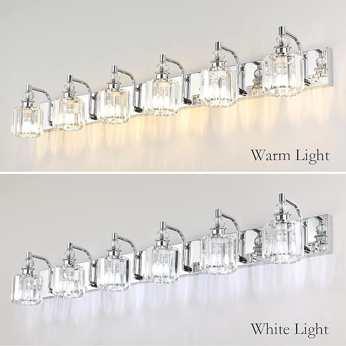 Ralbay Crystal Vanity Lights 6 Light 48" Modern Crystal Bathroom Lights Fixtures Over Long Mirror Stainless Steel Chrome Vanity Light for Bathroom Wall Lights Fixtures