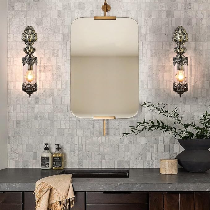 Rustic Wall Sconce with Clear Glass,Vintage Antique Gothic Wall Light Fixture E26 Mid Centry Lantern Bedside Sconces Wall Lighting for Living Room Bathroom Hallway Mirror
