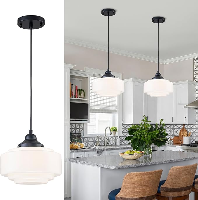 Schoolhouse Pendant Light 9.84" Vintage Milk Glass Chandelier Black Mid Century Modern Pendant Lighting Fixture for Kitchen Island Dining Room Living Room Hallway, Adjustable Height (E26)