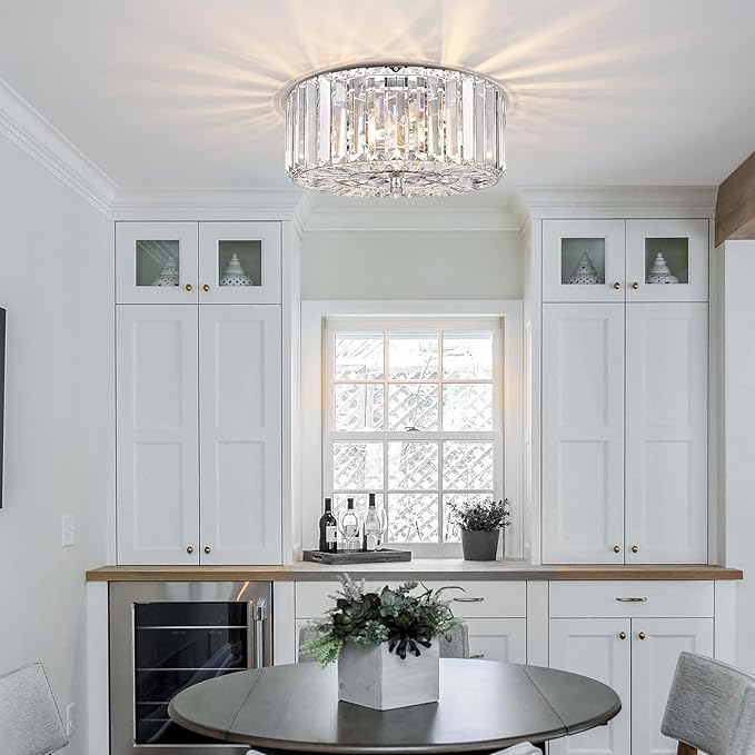 11.8" Crystal Round Flush Mount Modern Close to Ceiling Light Fixture, Chrome Ceiling Lights 2-Light Hallway Light Fixtures, Crystal Ceiling Lamp for Kitchen Bathroom Entryway, XDD007-2-CH