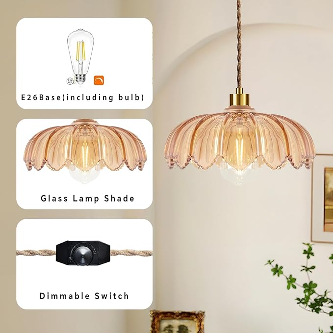 QIYIZM Plug in Pendant Light Hanging Lights with Plug in Cord Mid Century Modern Gold Hanging Lamp Glass Vintage Dimmable Flower Chandelier Ceiling Fixture for Living Room,Kitchen,Boho