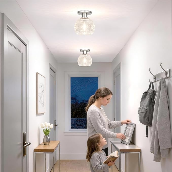 7.09in Brushed Nickel Semi Flush Mount Ceiling Light, Small Vintage Flush Mount Ceiling Light with Globe Glass, Close to Ceiling Lights for Hallway Porch Bedroom, Bulbs Not Included