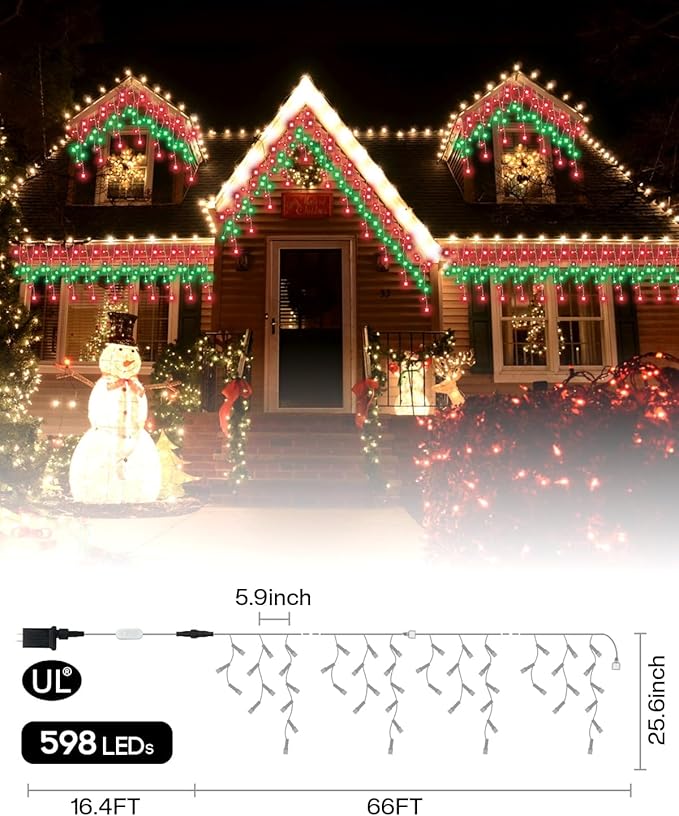 66FT Smart Color Changing Icicle Lights Outdoor - APP Control DIY Red White and Blue Curtain Lights Music Sync 100+ Effects 598 LEDs 138 Drops, Group Control Waterproof for Roof Eaves Holiday Decor