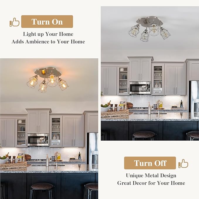 4-Lights Kitchen Light Fixtures Ceiling Mount, Adjustable Multi-Directional Brushed Nickel Flush Mount Ceiling Light, Vintage Metal Cage Farmhouse Lamp for Hallway, Dining Room, Foyer, Entryway