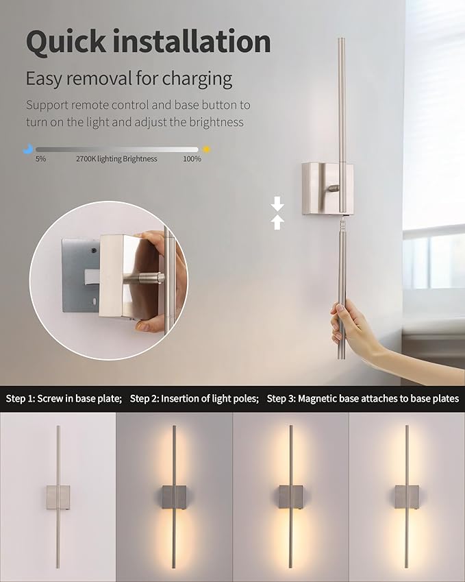 KDG Cordless Wall Sconces Set of 2, Wireless 5200mAh Rechargeable Battery Operated LED Wall Lamps with Remote, 360° Rotate Lightings for Wall Painting, Bedroom, Hallway, Night Light 31.5 inch (Nickel)