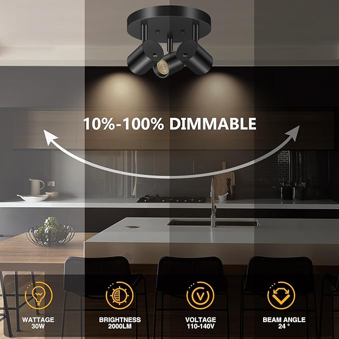 VANoopee 5 Color 3 Light LED Ceiling Spot Light Indoor Flush Mount Directional Adjustable Spotlight Fixtures Close to Ceiling for Kitchen Hallway Modern LED Track Lighting Kit Dimmable 30W Matte Black