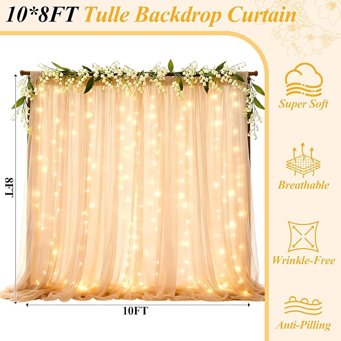 Ledido 4 Pack 10×8ft Champagne Tulle Backdrop Curtain with Lights String - 1200LED Fairy Light Sheer Curtain Backdrop for Wedding Baby Shower Photo Shoot Birthday Party Decor(8 Panels 5×8ft)，Champagne