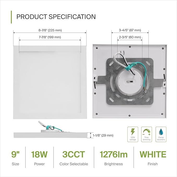 ASD LED 9" Square Flush Mount Light | 18W 1270LM 3000-5000K 120V | 3CCT, Dimmable, Ultra Slim, ETL Listed | Thin Surface Lamp, Bedroom Ceiling Lighting | White, 6 Pack